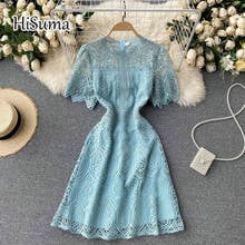 2021 summer new women o-neck hollow out lace A-line dress female Chic elegant waist party dresses 2024 - buy cheap