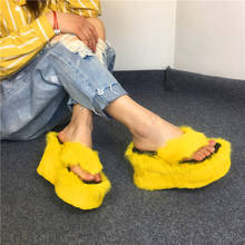 Womens Real Rabbit Fur Decor Furry Flip flops Slipper Platform Muffin Super High Wedge Heel Shoes Slides Slingback  4Colors New 2024 - buy cheap