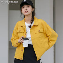 Amarelo streetwear denim casaco feminino com bolso 2021 primavera solto manga comprida jaquetas casuais jeans retro outwear 2024 - compre barato