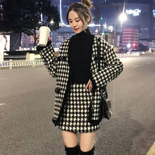 Black/white plaid tweed jacket + skirt suit autumn / winter women's wool coat jacket houndstooth hip ladies 2 piece skirt suit 2024 - buy cheap