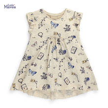 Little Maven New Summer Kids Beige Butterfly Floral  Printed  O-neck  Girls 2-7yrs Short-Sleeved Cotton Knitted  Casual Dresses 2024 - buy cheap