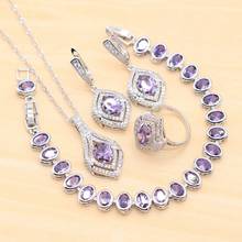 Silver Color Jewelry Sets For Women Bride Ring Earrings Pendant Necklace Bracelet Wedding Christmas Gift Purple Crystal Dubai 2024 - buy cheap