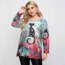 2021 Spring Autumn Casual T Shirt Women O Neck Long Sleeve Floral Cat Print Tee Shirt Loose Oversized Plus Size Women Clothing 2024 - buy cheap