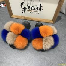 Summer multicoloured Fox Fur Slippers Real Fur Slides Female Indoor Flip Flops Raccon Fur Sandals Furry Fluffy Plush Shoes 2024 - buy cheap