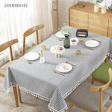 Blue striped decorative cloth linen cotton tablecloth household table cover dustproof washable Tassel Lace Rectangle Tablecloth 2024 - buy cheap