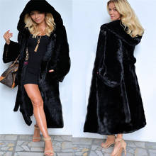 2019 черное пальто с капюшоном из искусственного меха зимнее женское длинное пальто из искусственного лисьего меха модное пальто размера плюс элегантные женские теплые куртки 2024 - купить недорого