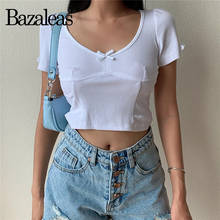 Bazaleas-top corto de manga corta para mujer, camiseta ajustada para mujer, ropa de calle, camiseta blanca con lazo central para mujer 2024 - compra barato