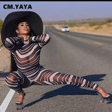 CM.YAYA-mono a rayas Bodycon de manga larga para mujer, mono Sexy de malla transparente para fiesta y Club, una pieza 2024 - compra barato