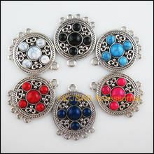New 6Pcs Tibetan Silver Tone Retro Flower Mixed Acrylic Round Charms Connectors 31x40.5mm 2024 - buy cheap