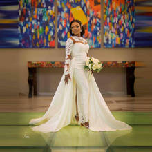 Классические кружевные свадебные платья Aso Ebi в форме русалки с длинными рукавами и атласной юбкой длиной до пола Свадебные платья 2024 - купить недорого