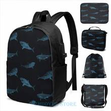 Funny Graphic print Sharks USB Charge Backpack men School bags Women bag Travel laptop bag 2024 - buy cheap