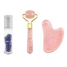 Kit de frasco para massagem facial gua sha, rolo de jade de quartzo rosa com pedra preciosa para massagem facial 2024 - compre barato