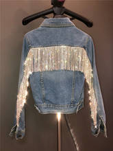 New Bling Rhinestone Tassel Chain Short Slim Light Blue Lapel Denim Jacket Ladies Jean Jacket Chaqueta Mujer Coat 2022 2024 - buy cheap