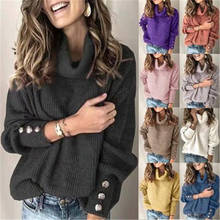 Women Turtleneck Sweaters Autumn Winter Elegant Solid High Collar Knitted Jumper Button Long Sleeve Loose Knitwear Pullovers 2024 - buy cheap