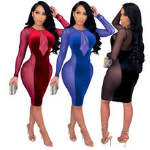 Women Velvet Mesh Patchwork Sexy Hollow Out See Through Dress Spring Summer Slim Bodycon Package Hip Night Club Party Vestidos 2024 - buy cheap