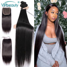 Vipbeauty pacotes de cabelo reto com fecho de cabelo humano pacotes com frontal remy cabelo malaio 3 pacotes tecer com fechamento 2024 - compre barato