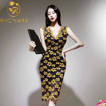 2020 Korean Summer Embroidery Floral Lace Sheath Dress Women yellow Sexy V Neck Bodycon Hollow Out Sleeveless Party Dress 2024 - buy cheap