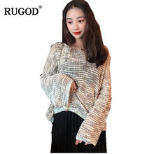 RUGOD-suéter fino colorido para mujer, y cuello redondo de manga larga Camiseta de punto, informal, elegante, Otoño, 2019 2024 - compra barato