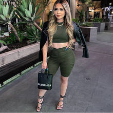 UVRCOS Top And Shorts Set For Women Summer Female Fashion Slim Shirring Sport Suits Green Casual Elastic Rib 2 Piece Set Outfits 2024 - buy cheap