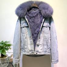 Real Fox fur collar thicker warm denim coat female winter real rabbit fur liner detachable cartoon pattern real fur coat F2182 2024 - buy cheap