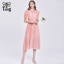 Tingfly винтажное элегантное розовое летнее шифоновое Плиссированное длинное платье средней длины с бантом и воротником в стиле ретро, офисное платье с пуговицами 2024 - купить недорого