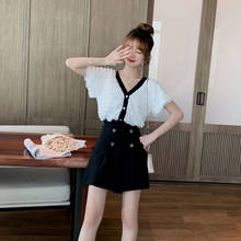 2021 Women Spring Summer Casual Solid 2 Piece Set Female V-neck Short Sleeve Tops and Wide Leg Shorts Suit Lady Vintage Set G576 2024 - buy cheap