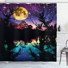 Cortina de ducha púrpura, conjunto de decoración de baño de diseño moderno contemporáneo, lago, luz de luna, estrellas en cielo nocturno con árboles 2024 - compra barato