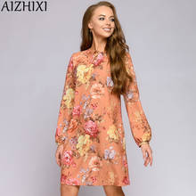 AIZHIXI-Vestido corto holgado informal de otoño para mujer, minivestido recto con estampado de cordones, manga larga, cuello redondo y bolsillos, talla grande 2024 - compra barato