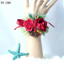 YO CHO Red Rose Boutonniere Corsage Pin Silk Boutonniere Buttonhole Men Wedding Wrist Corsage Bracelet Bridesmaid Flower Wedding 2024 - buy cheap