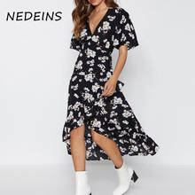 NEDEINS Women Print Long Dress Summer Ruffles Boho Sexy V-neck  Floral Dress  Short Sleeve Split Chiffon Plus Size Dresses 2020 2024 - buy cheap