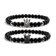 Pulsera de piedra Natural negra mate para hombre y mujer, brazalete de Color dorado/plateado con cuentas de corona Imperial de CZ, joyería 2024 - compra barato