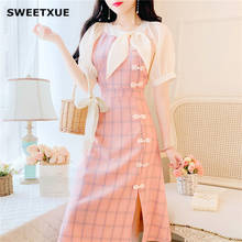 SWEETXUE Chinese Style Retro Cheongsam Dress Plaid Long Dress Chiffon Stitching Bow Single-breasted Temperament Dresses Vestidos 2024 - buy cheap