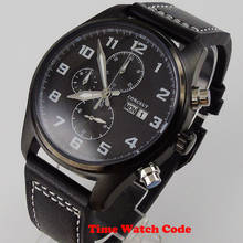Corgeut 42mm Quartz Men's Wristwatch Black PVD coated black Dial Chronograph Week Date display stop watch calendar leather strap 2024 - купить недорого