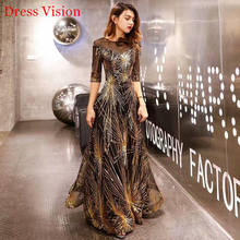 Robe De Soiree Hot sale Elegant Evening Dresses Black O-Neck Half Sleeve вечерние платья Gold Sequin Floor Length 2024 - buy cheap