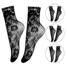 Винтажные кружевные женские носки, летние эластичные прозрачные короткие носки до щиколотки с цветочным принтом в сетку, женские черные носки в сетку 2024 - купить недорого