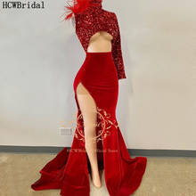 Sexy Red 2021 Mermaid Evening Dress High Slit Cut-out Sparkly Sequins Long Sleeve Evening Gowns With Feather Vestido De Festa 2024 - buy cheap