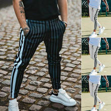 Fashion Men England Style Striped Pants Male New Long Pencil Joggers Pants Casual Trousers Drawstring Side Stripe Slacks 2019 2024 - buy cheap