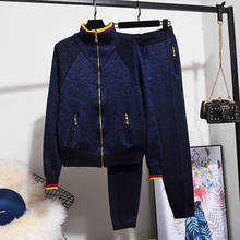 Autumn Vintage Dark Blue Knitted Tracksuits Set Women Loose Turtleneck Bright Silk Zipper Cardigan Sweater Pants Outfits Female 2024 - buy cheap