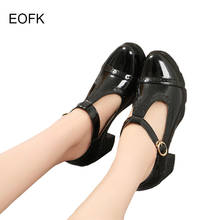 EOFK Women High Heel Pumps Shoes Lady T Strap Genuine Leather Square Heel Shinny Patent Leather Black High (5cm-8cm) Round Toe 2024 - buy cheap