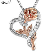 Pingente de prata esterlina 925 blaike, colar feminino de luxo com pingente em formato de coração, rosa e flor de zircônia, joias para casamento 2024 - compre barato