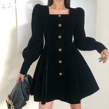 IAMSURE Women Vintage Velvet Dress Elegant Lady 2021 New Fashion Square Collar Long Puff Sleeve A-Line Dresses Winter Autumn 90S 2024 - buy cheap