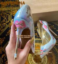 ALMUDENA Newest Eiffel Tower Red Lips Printed High Heels Pointed Toe Multi-color Floral Wedding Shoes 12 10 8cm Dress Pumps 2024 - buy cheap
