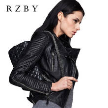 RZBY-Chaqueta de piel auténtica para mujer, 100% de piel de oveja auténtica, piel negra, suave, ajustada, estilo aviador Punk, otoño 2024 - compra barato