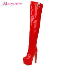 Lasyarrow-Botas altas hasta el muslo para mujer, zapatos sexys de marca de charol, punta redonda, por encima de la rodilla, talla grande 30-48, J1087 2024 - compra barato