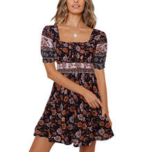 Novo mini vestido feminino floral com babado, modelo boho, costas nuas, decote quadrado, manga curta, verão 2021 2024 - compre barato