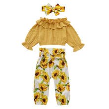 Conjuntos de ropa para niña pequeña de 1 a 4 años, Tops de manga larga con volantes, pantalones de girasol, diadema, trajes, ropa de otoño 2024 - compra barato