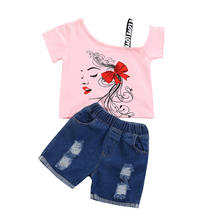 Summer 2Pieces Kids lovely Suit Floral Print Round Neck Short Sleeve PulloverTops Ripped Denim Shorts for Baby Girls White Pink 2024 - buy cheap