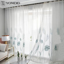 Cortina de fio branco com estampa de folhas de palmeira, para sala de estar, cozinha, janelas, voile, branco/azul 2024 - compre barato