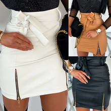 Falda de tubo de cuero de PU para mujer, minifalda de cintura alta con doble cremallera, cinturón, color caqui 2024 - compra barato