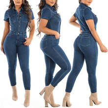 V-Neck Pocket Denim Jumpsuit Spring Summer Clothes Short Sleeve Slim Jeans Romper Jumpsuits One Piece Overalls Combinaison Femme 2024 - buy cheap
